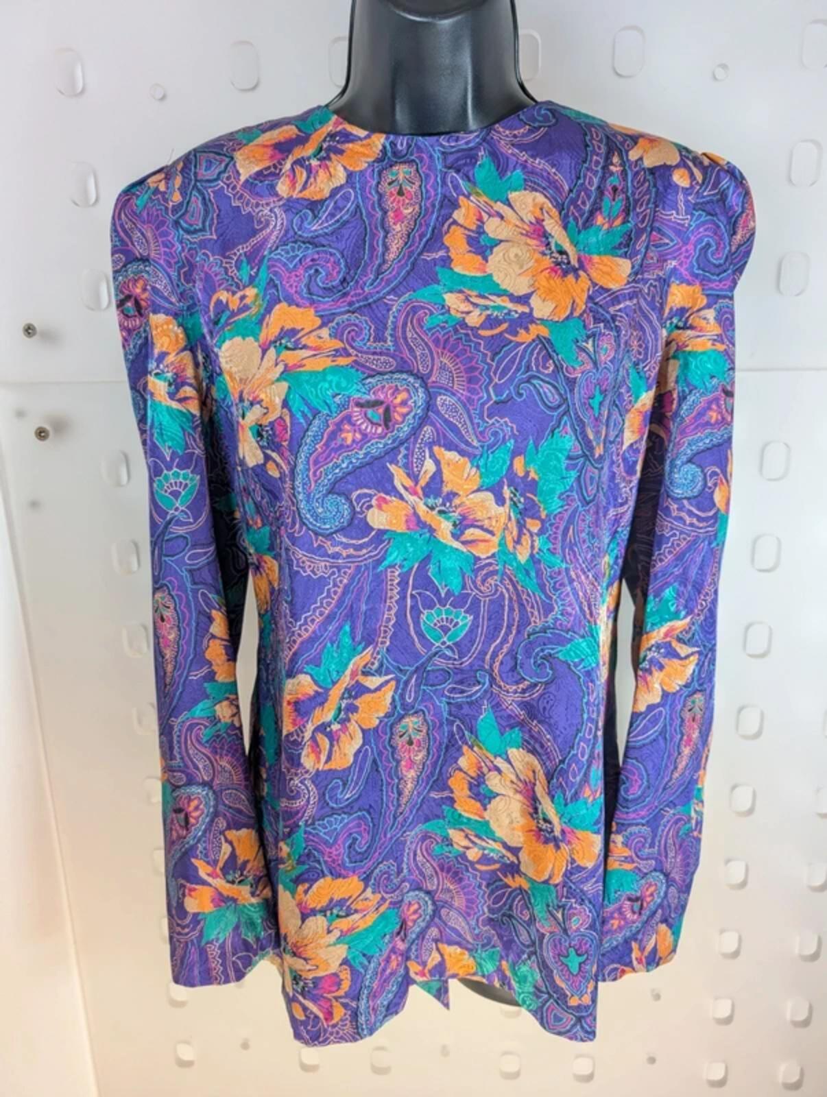 Vintage Melissa Purple Paisley Blouse Statement Bow Back Iridescent 80s Style