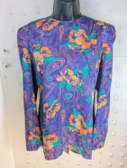 Vintage Melissa Purple Paisley Blouse Statement Bow Back Iridescent 80s Style