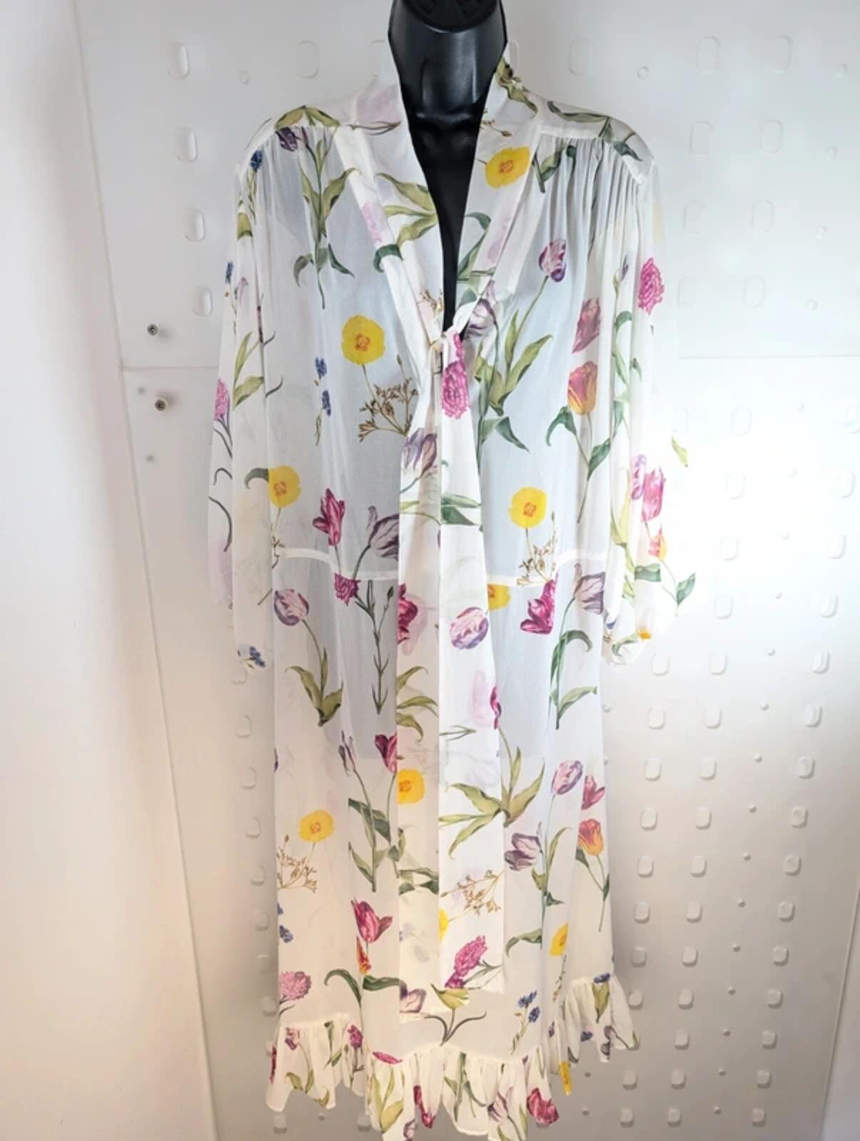 Studio by Preen Sheer Midi Dress UK18 White Floral Tulip Print Tie Neck