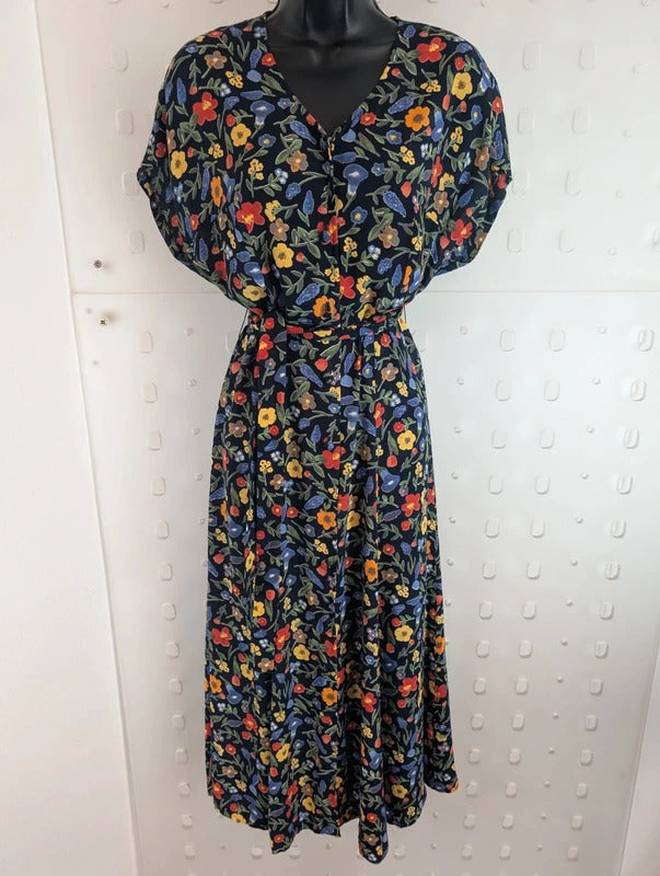 Vintage 90s Paul Mausner Navy Floral Button Through Dress UK12