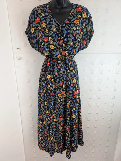 Vintage 90s Paul Mausner Navy Floral Button Through Dress UK12
