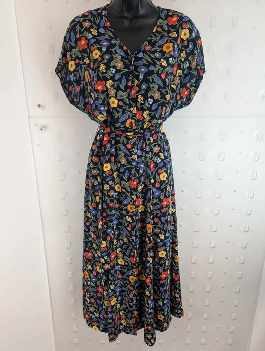 Vintage 90s Paul Mausner Navy Floral Button Through Dress UK12