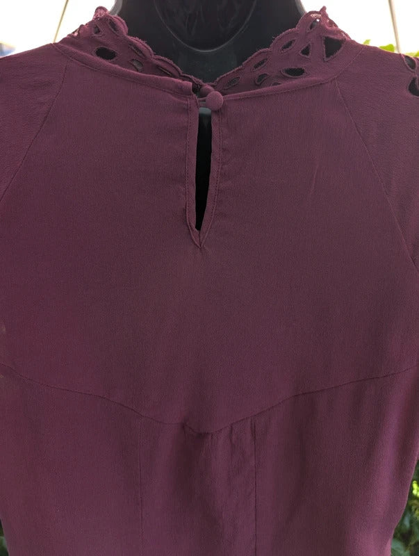 Warehouse Pure Silk Lace Trim Blouse Burgundy UK14