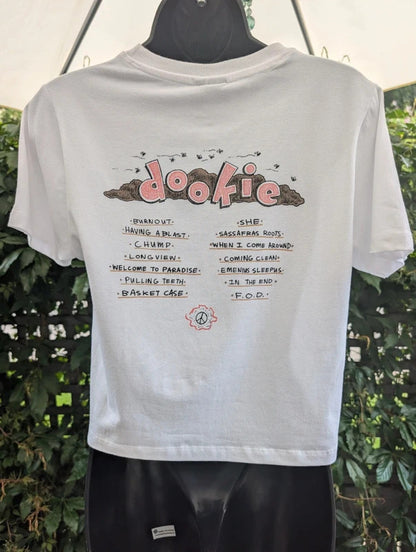 Green Day Dookie Band T-Shirt White Cropped Large