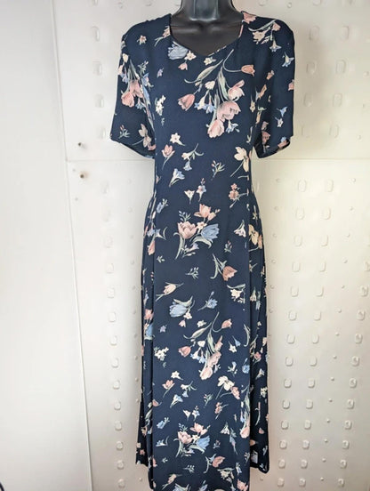 Vintage 90s C&A Navy Tulip Print Maxi Dress UK 12 14 Viscose Floral