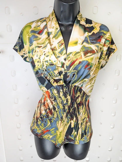 Bassini Kimono Style Printed Top – Size S – Draped Silhouette – Statement Print