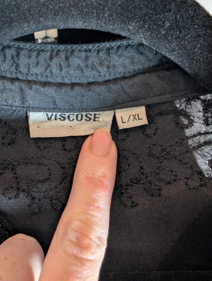Black Embroidered Boho Viscose Blouse Oversized L/XL Summer