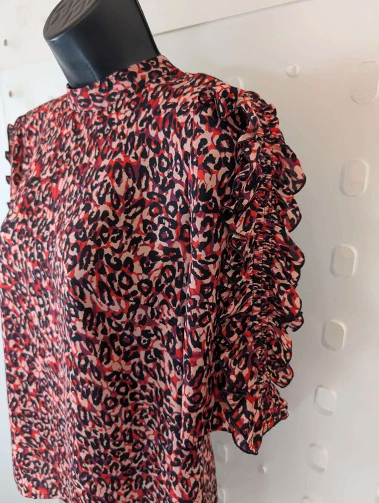 Karen Millen Leopard Print Blouse UK12 Pink Purple Ruffle Sleeve High Neck