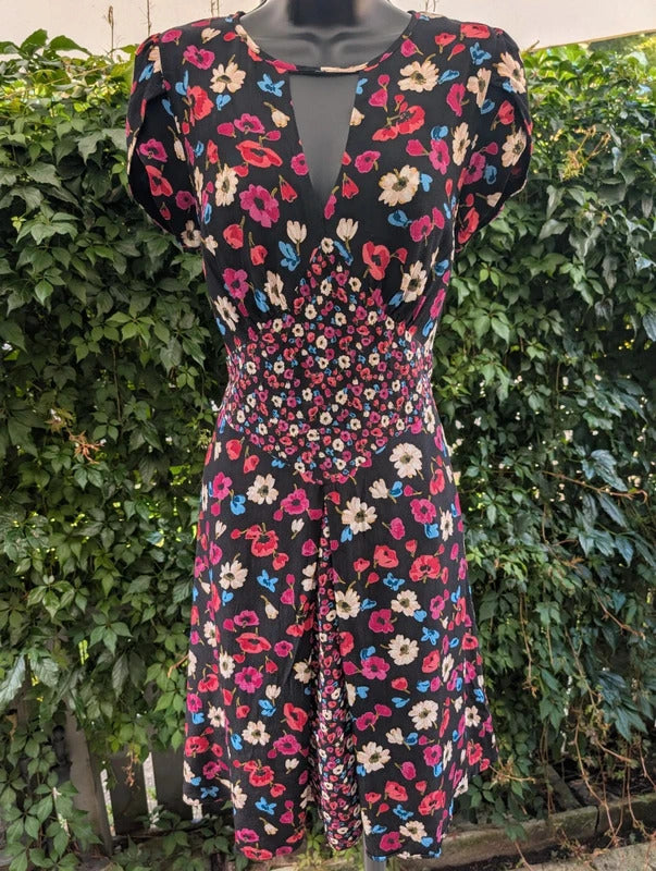Ossie Clark Floral Tea Dress Keyhole Neckline UK12