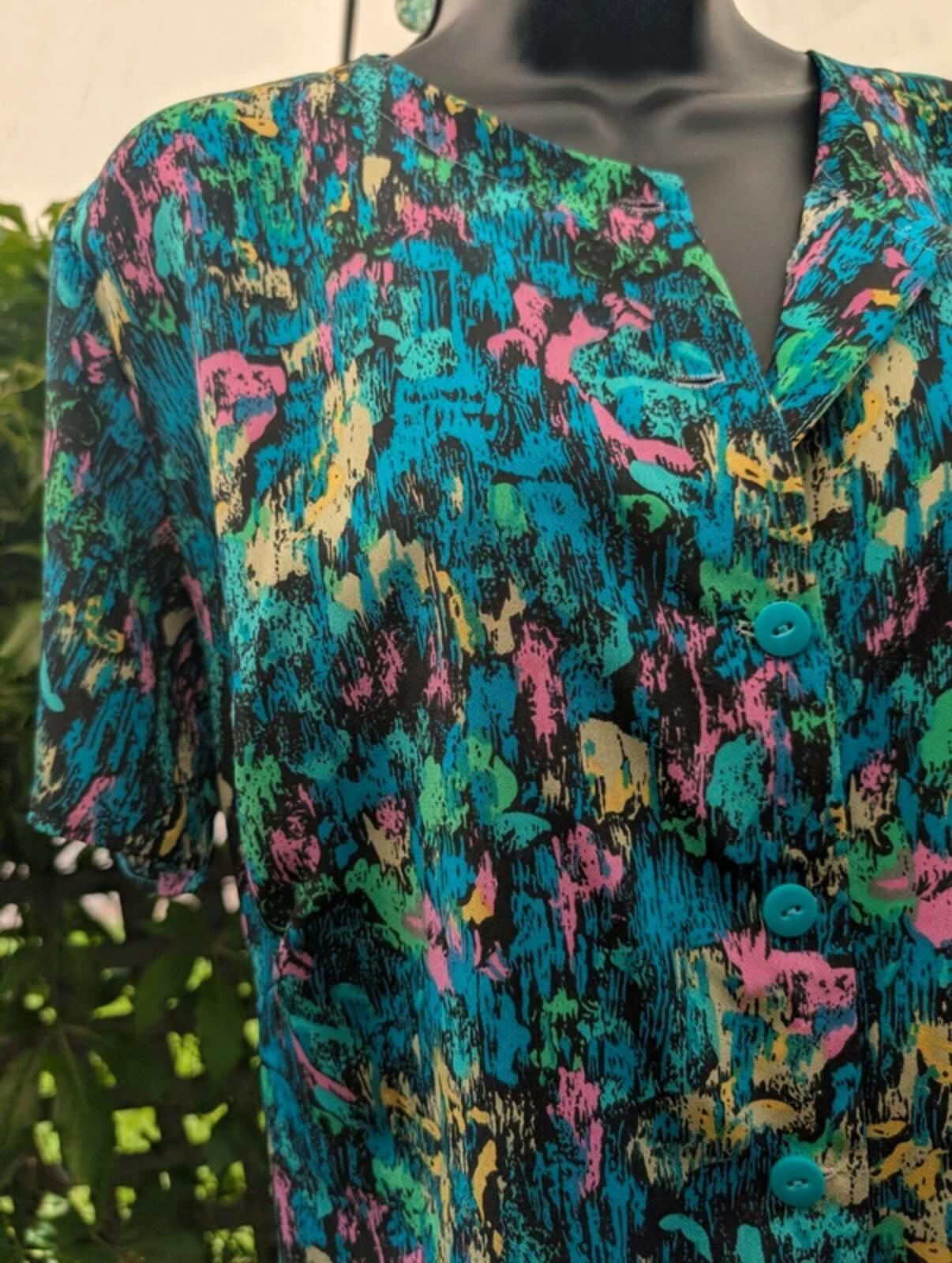 Vintage Handmade 1980s Abstract Print Shirt Pink Blue Green