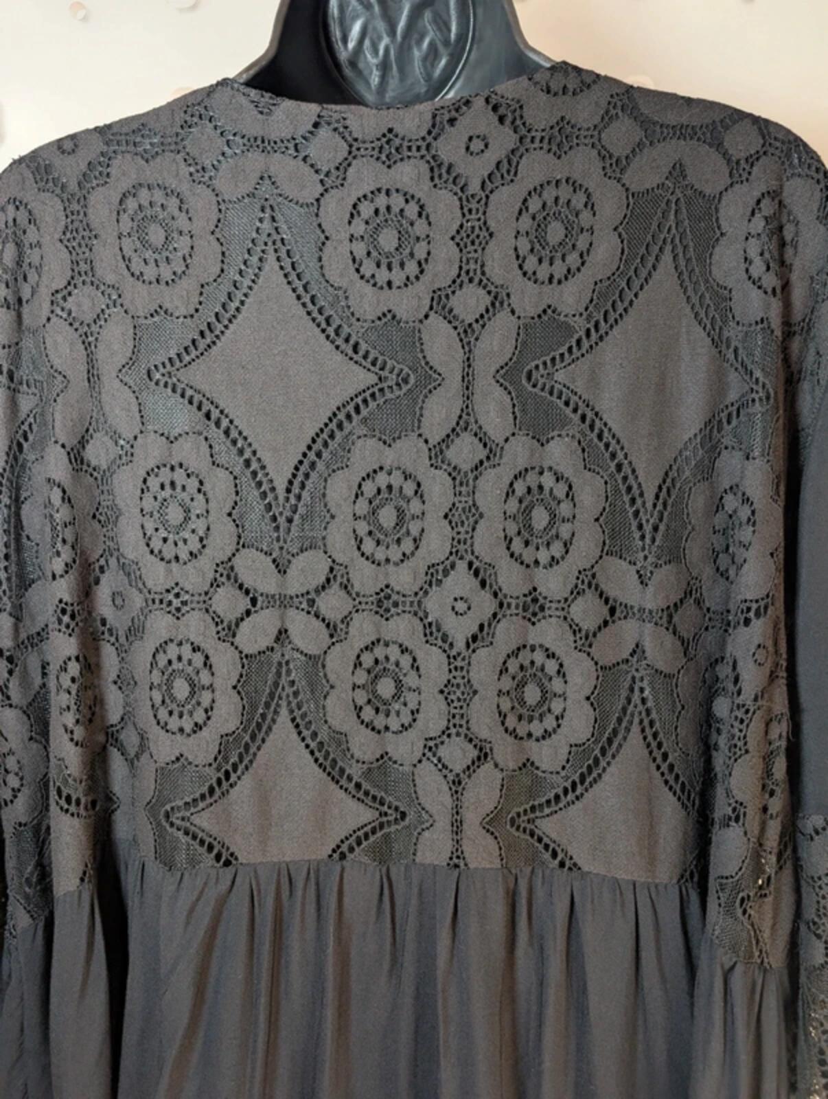 Black Lace Dress – Flared Sleeves V Neck – Sheer Detail – Gothic Summer One Size
