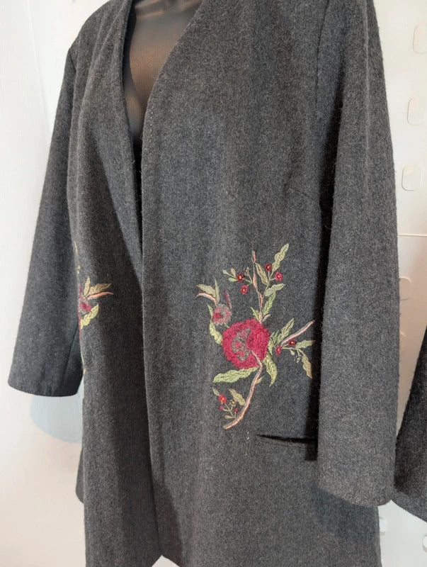 Vintage Cazz Grey Wool Blend Embroidered Swing Coat & Matching Bag M