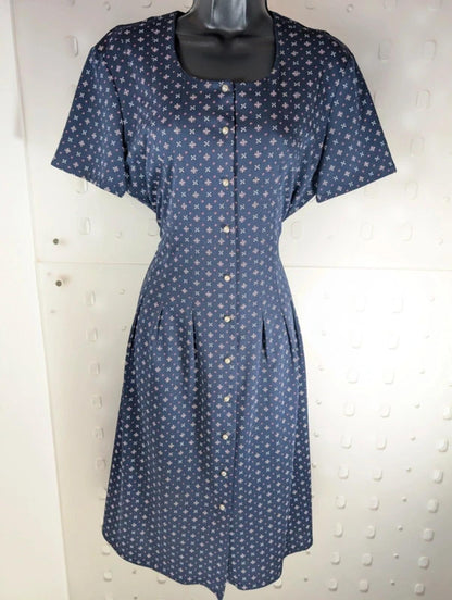 Vintage Berkertex Rose Tea Dress Navy Geometric Print UK14