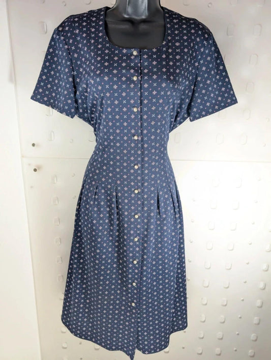 Vintage Berkertex Rose Tea Dress Navy Geometric Print UK14