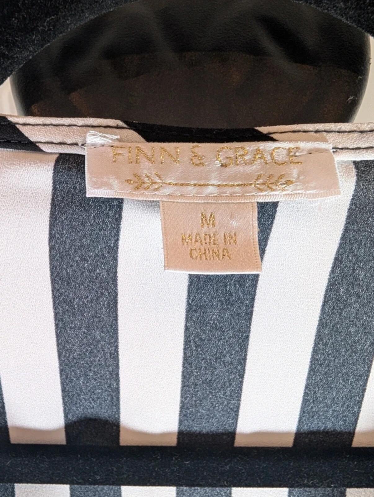 Finn & Grace Black White Stripe Blouse Medium Flared Sleeve