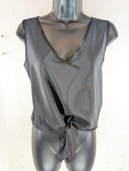 Loriana London Black Tank Top UK10 12 Satin Trim Tie Front