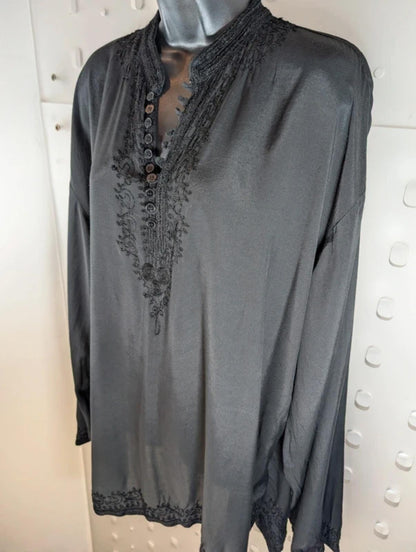 Black Embroidered Boho Viscose Blouse Oversized L/XL Summer