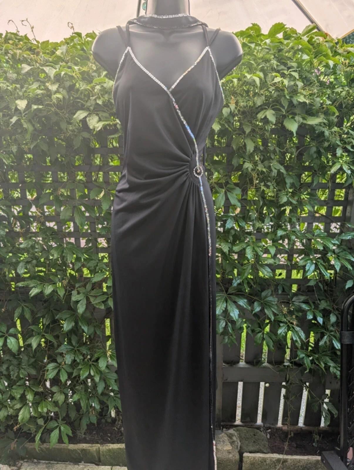 Vintage Black Evening Dress Silver Sequin Detail UK14
