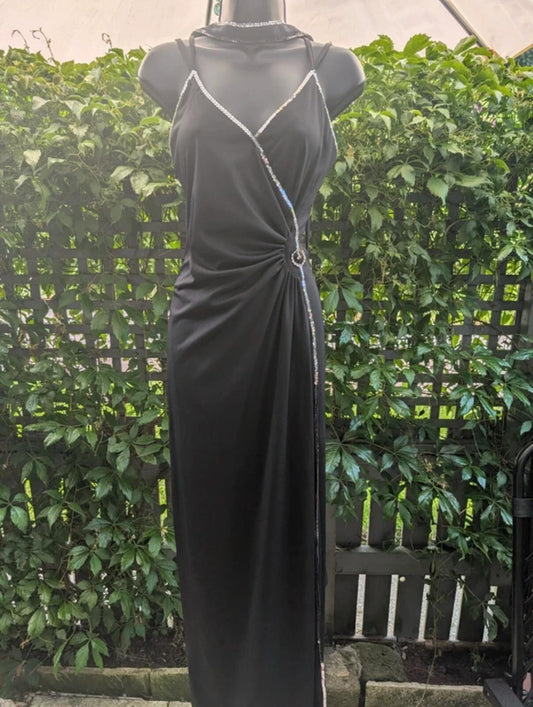 Vintage Black Evening Dress Silver Sequin Detail UK14