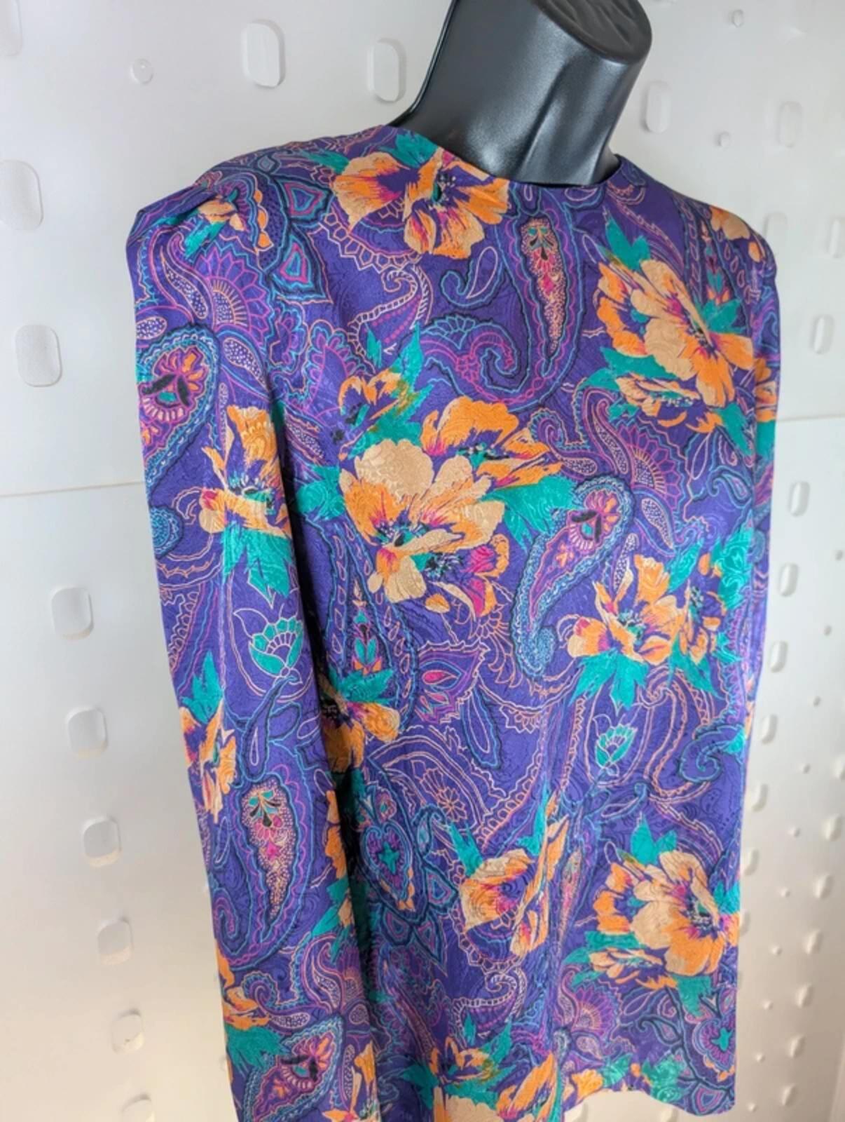 Vintage Melissa Purple Paisley Blouse Statement Bow Back Iridescent 80s Style