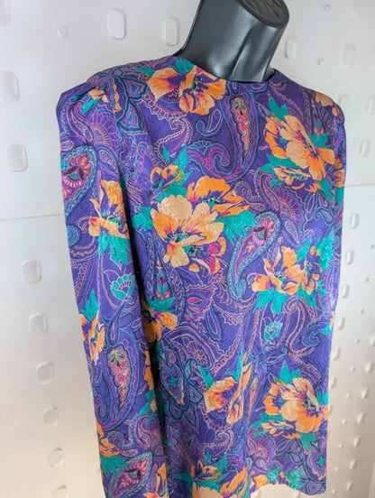 Vintage Melissa Purple Paisley Blouse Statement Bow Back Iridescent 80s Style