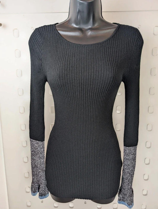 Rue de Femme Ribbed Knit Top M Black Lurex Fluted Sleeve Slim Fit