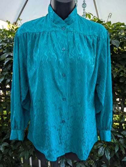 Vintage 1980s Teal Green Blouse With Tie Medium