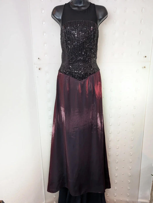 Vintage Burgundy Sequin Gown + Train Alternative Prom Black Tie UK10–12 Rena Koh