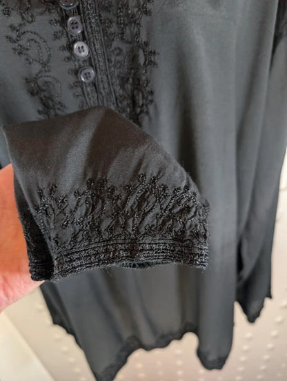 Black Embroidered Boho Viscose Blouse Oversized L/XL Summer