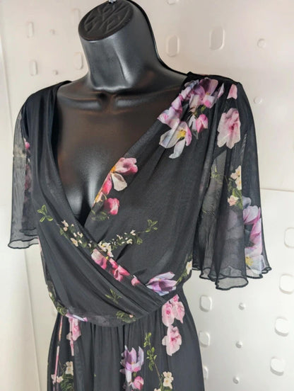 Scarlett & Jo London dark floral mesh midi dress UK12.