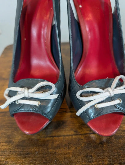 Faith Forest Green Leather Platform Slingback Heels UK5