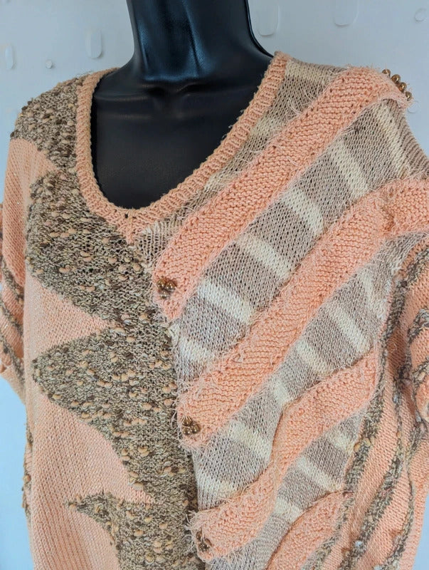 Vintage 1980s Handmade Peach Abstract Oversized Knit Vest