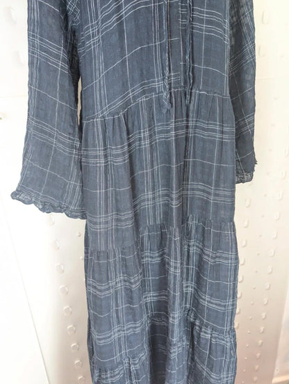 Jigsaw UK14 Navy Check Cotton Linen Blend Maxi Dress with Slip