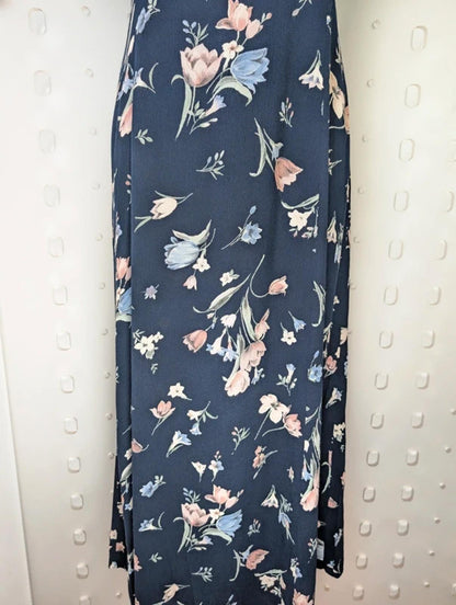 Vintage 90s C&A Navy Tulip Print Maxi Dress UK 12 14 Viscose Floral