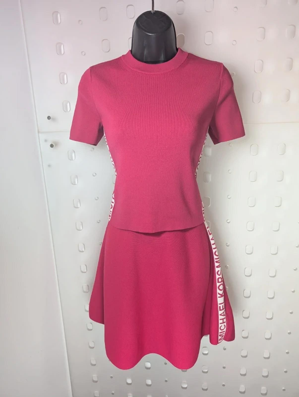Michael Kors Pink Logo Tape Knitted Co-Ord Set XS Flared Skirt Viscose