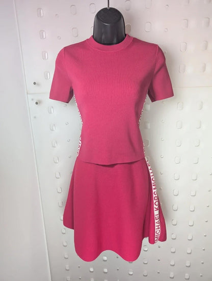 Michael Kors Pink Logo Tape Knitted Co-Ord Set XS Flared Skirt Viscose