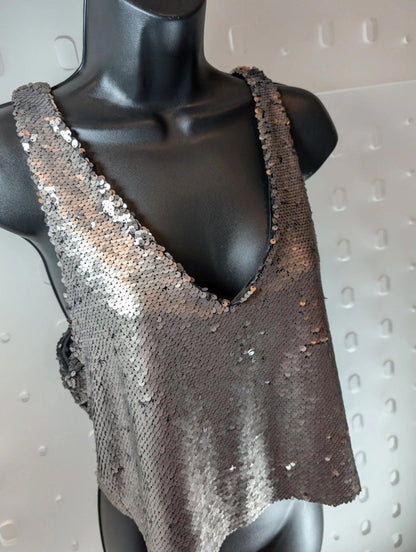 Mango Casual dull silver sequin top in EU Small