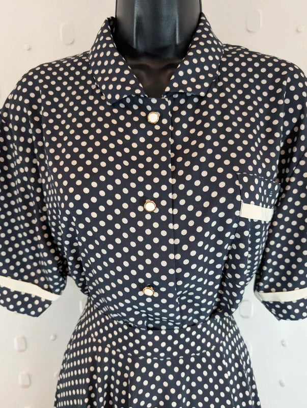 Vintage 1970s Aquascutum Navy Polka Dot Blouse & Skirt Set Made in France