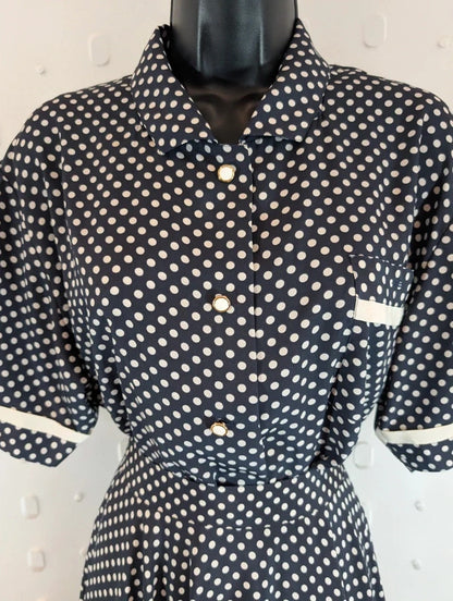 Vintage 1970s Aquascutum Navy Polka Dot Blouse & Skirt Set Made in France
