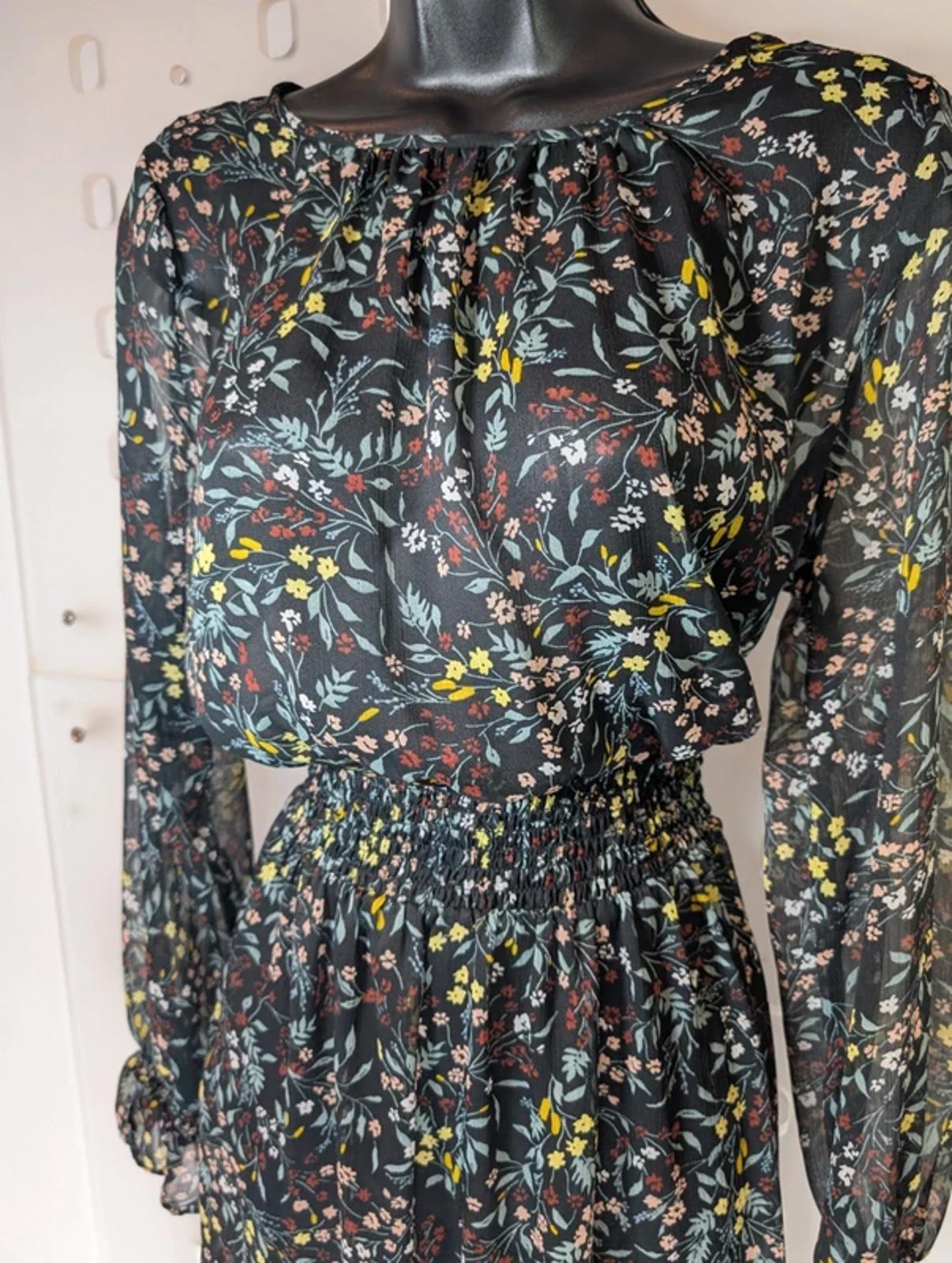 Soaked in Luxury Saseline Sheer Floral Midi Dress Long Sleeve Shirred Waist