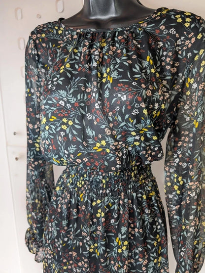 Soaked in Luxury Saseline Sheer Floral Midi Dress Long Sleeve Shirred Waist