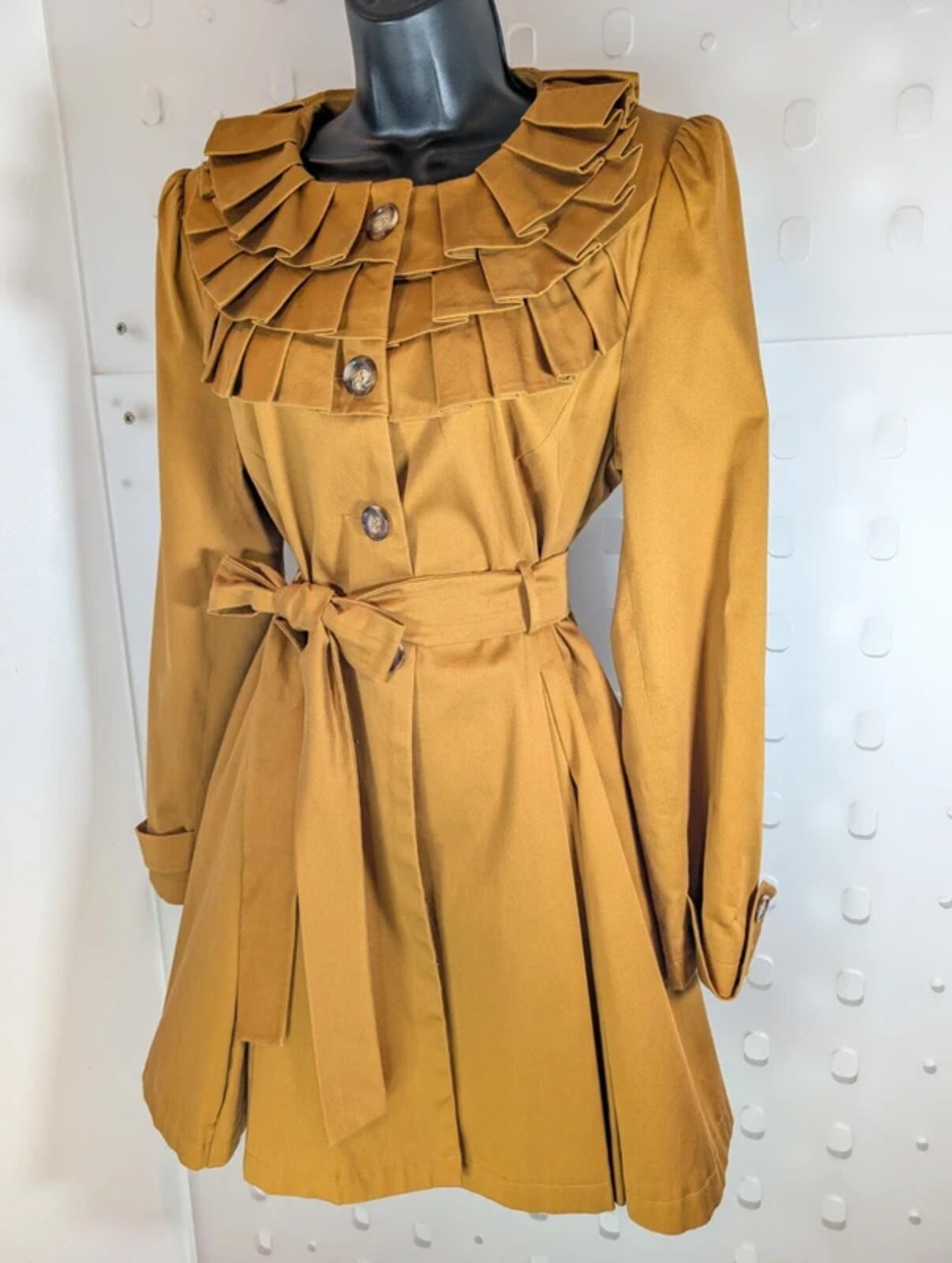 Miss Selfridge UK14 Mustard Fit & Flare Coat Ruffle Collar Academia