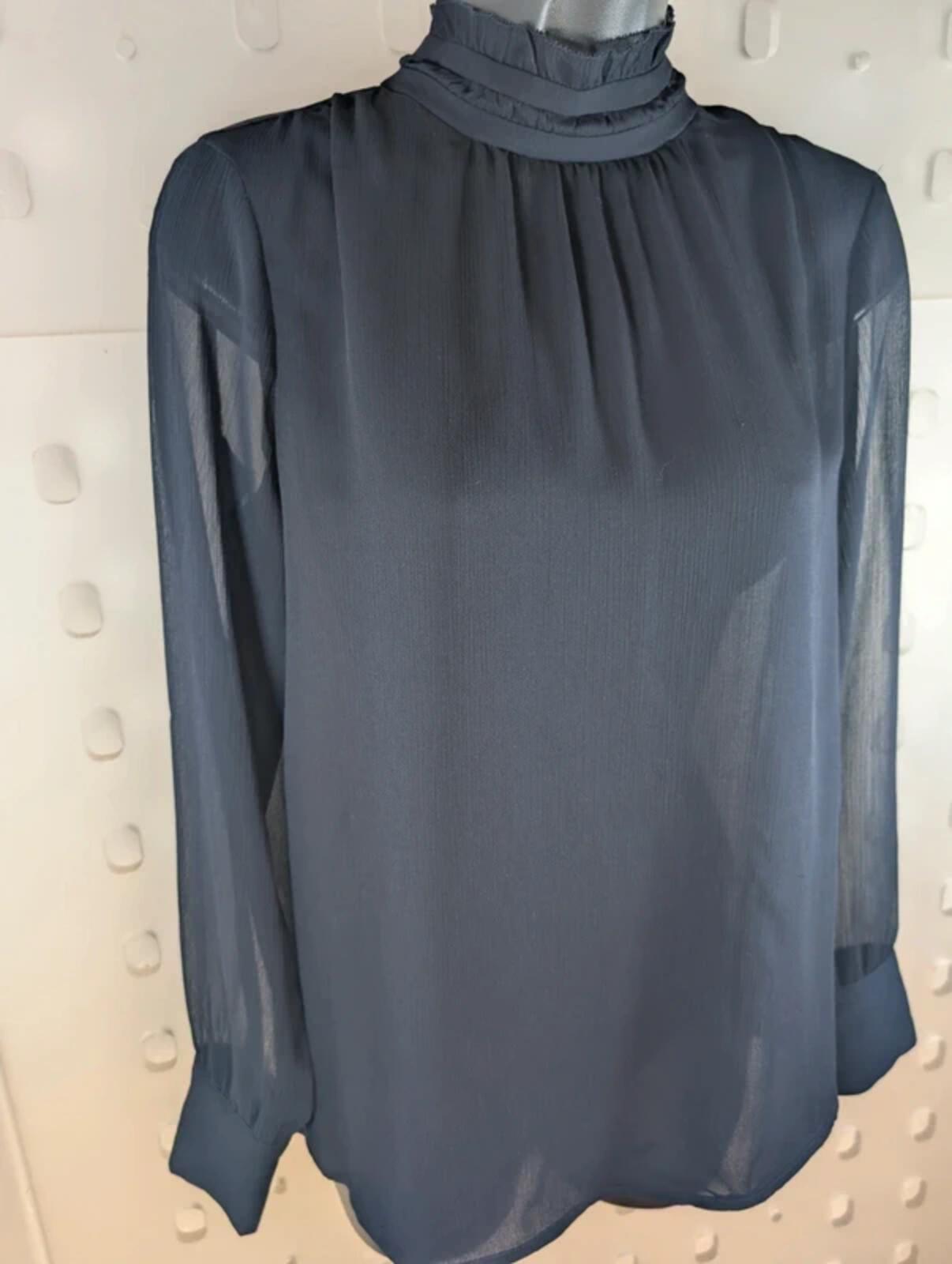 Second Female Truffle Blouse Navy Sheer Back Frill Neck Button Back Scandi XS