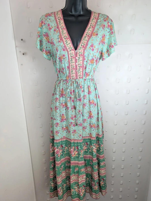 Libby Loves Floral Cotton Midi Dress UK8–10 Green Print
