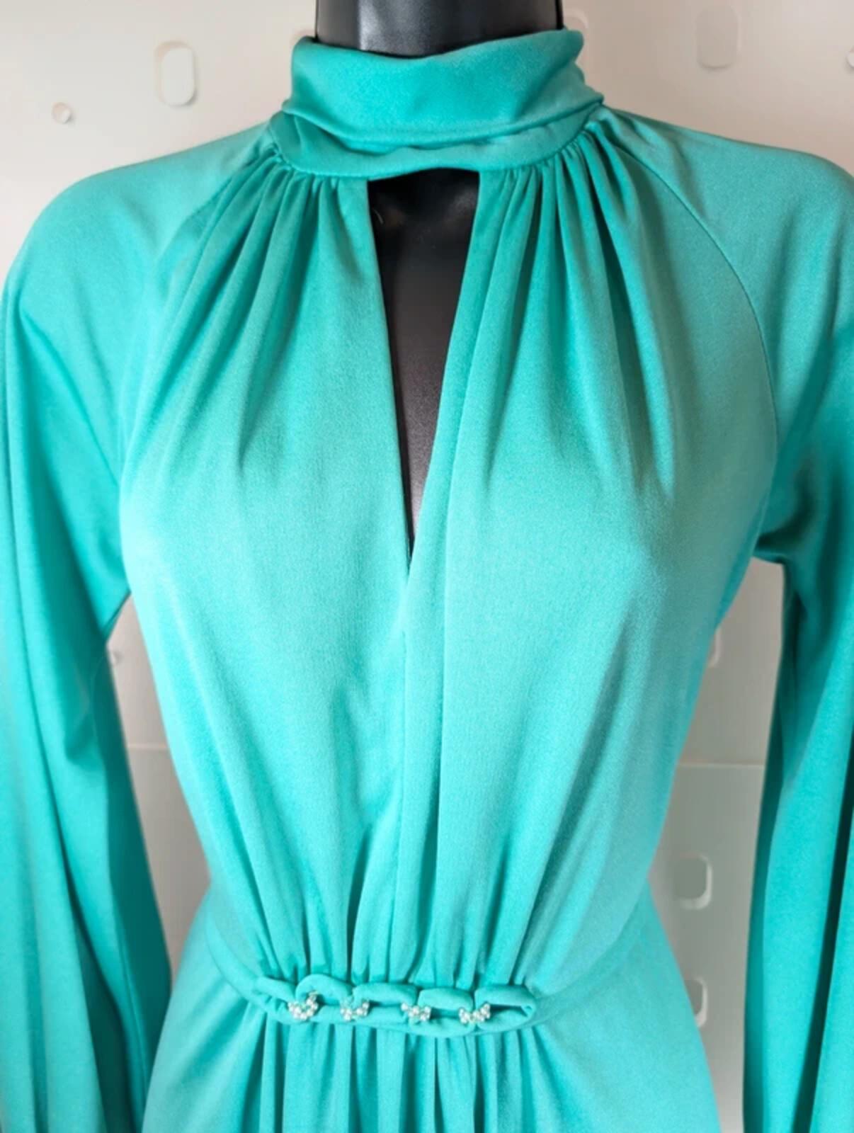 Vintage 1970s Crimplene Maxi Dress Teal UK8/10