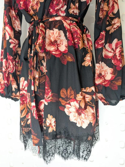 Midnight Bakery Rose Print Lace Trim Kimono Robe M/L Romantic