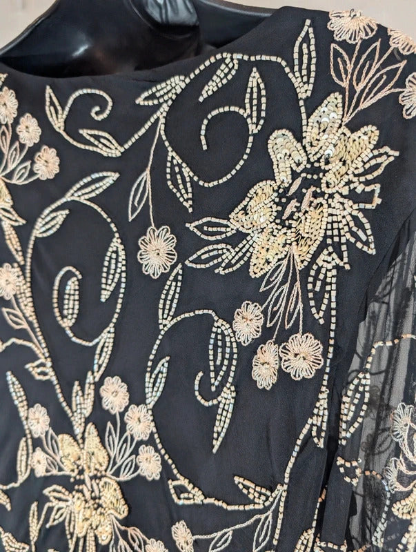 Jacques Vert Black Silk Beaded Embroidered Evening Top UK18