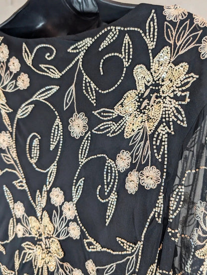 Jacques Vert Black Silk Beaded Embroidered Evening Top UK18