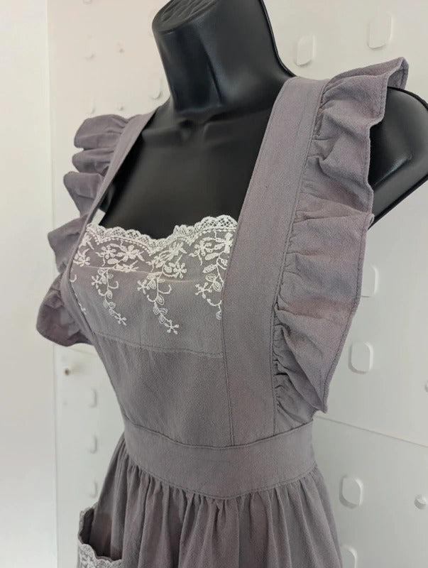 Grey Lace Trim Cross Back Kitchen Pinafore Apron Size 8