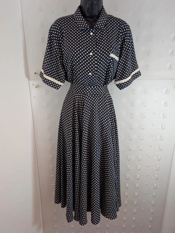 Vintage 1970s Aquascutum Navy Polka Dot Blouse & Skirt Set Made in France